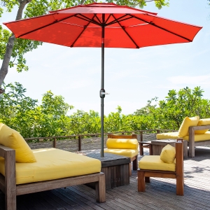Outsunny 9FT 3 Tiers Patio Umbrella Outdoor Market Umbrella with Crank, Push Button Tilt for Deck, Backyard and Lawn, Red