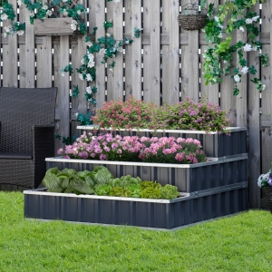 Outsunny 47''x47''x25'' 3 Tier Raised Garden Bed, Metal Elevated Planer Box Kit w/ A Pairs of Glove for Backyard, Patio to Grow Vegetables, Herbs, and Flowers, Grey