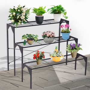 Outsunny 3 Tier Flower Plant Display Stand Freestanding Ladder Shelf Rack Metal Frame For Indoor Outdoor Use
