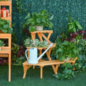 Outsunny Wooden Rustic 3-Tier Raised Corner Plant Stand Display Rack w/ Slatted Shelves