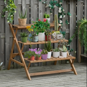 Outsunny 3-tier Ladder Plant Stand Foldable Wood Flower Display Shelf for Outdoor Home Garden, Brown