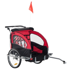 Aosom Elite Double Child Two-Wheel Bicycle Trailer with 2 Safety Harnesses - Red / Black
