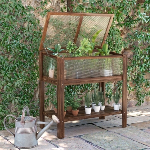 Outsunny Wooden Cold Frame Greenhouse, Garden Portable Raised Planter with Bottom Shelf for Outdoor Indoor Use, Brown