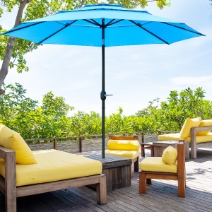 Outsunny 9FT 3 Tiers Patio Umbrella Outdoor Market Umbrella with Crank, Push Button Tilt for Deck, Backyard and Lawn, Sky Blue