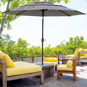 Outsunny 9FT 3 Tiers Patio Umbrella Outdoor Market Umbrella with Crank, Push Button Tilt for Deck, Backyard and Lawn, Light Grey