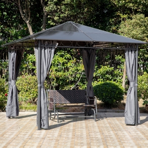 Outsunny 10' x 10' Polycarbonate Hardtop Gazebo Canopy Outdoor Patio Gazebo with Aluminum Frame & Curtains, Dark Grey