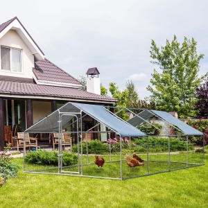 PawHut Galvanized Large Metal Chicken Coop Cage 4 Rooms Walk-in Enclosure Poultry Hen Run House Playpen Rabbit Hutch UV & Water Resistant Cover for Outdoor Backyard 10' x 26' x 6.5' Silver
