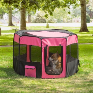 PawHut 46-inch Portable Pet Playpen Soft Exercise Puppy Dog Pen with Carry Bag, Pink