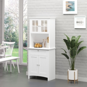 HOMCOM Kitchen Buffet Hutch Wooden Storage Cupboard with Framed Glass Door, Drawer and Microwave Space, White