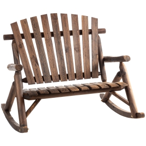 Outsunny Outdoor Adirondack Rocking Chair with Log Slatted Design, 2-Seat Patio Wooden Rocker Loveseat with High Back for Lawn Backyard Garden, Charcoal Black