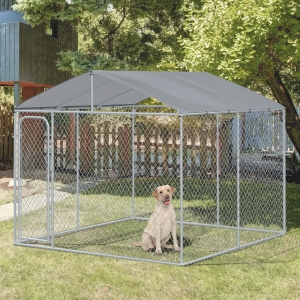 PawHut 10'Lx10'Wx6'H Large Outdoor Dog Kennel Playpen Galvanized Pet Exercise House Cage with Canopy Roof, Silver