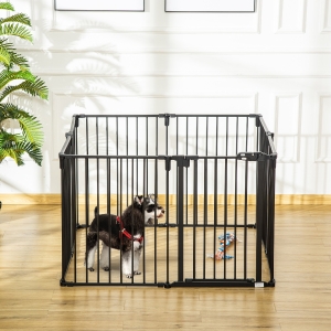 PawHut Pet Safety Gate 8-Panel Playpen Fireplace Christmas Tree Steel Fence Stair Barrier Room Divider with Walk Through Door Automatically Close Lock Black