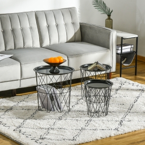 HOMCOM Set of 3 Nesting End Tables with Storage, Round Side Tables with Metal Frame, Living Room Coffee Tables with Removable Tray, Black