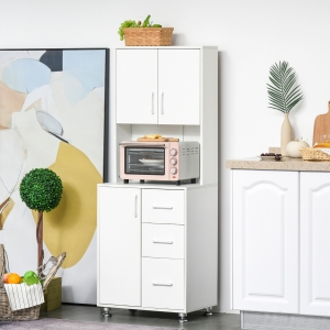 HOMCOM Modern Kitchen Cupboard with Storage Cabinet Hutch, 2 Cabinets, 3 Drawers and Open Countertop, White