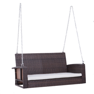 Outsunny 2-Person Wicker Hanging Porch Swing Bench Outdoor Chair with Cushions, Cream White
