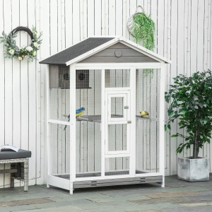 PawHut 64.5" Bird Cage Large Wooden Aviary for Budgie Canary Cockatiel with Standing Pole Nest Slide-out Tray for Indoor Outdoor Grey
