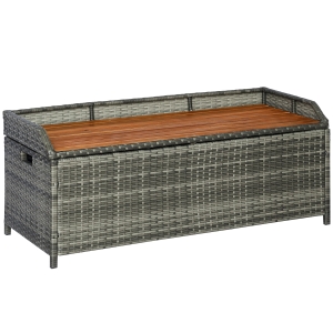 Outsunny Outdoor Storage Bench Wicker Deck Boxes with Wooden Seat, Gas Spring, Rattan Container Bin with Lip, Ideal for Storing Tools, Accessories and Toys, Mixed Grey