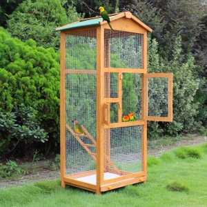 PawHut 65" Wooden Aviary Bird Cage Outdoor Large Bird Parrot Macaw Cockatiel Play House Ladder Feeder Stand With 2 Doors & Easy Pullout Tray