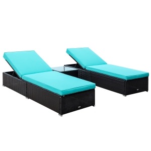 Outsunny Outdoor Lounge Chairs Set of 2 with 5-Level Angles Adjust Backrest, Thick Cushions, & Matching Table, Patio Rattan Furniture Sets for Pool Side, Balcony, Beach, Yard, Turquoise