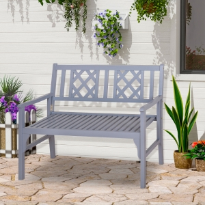 Outsunny Foldable Garden Bench, 2-Seater Patio Wooden Bench, Loveseat Chair with Backrest and Armrest for Patio, Porch or Balcony, Grey