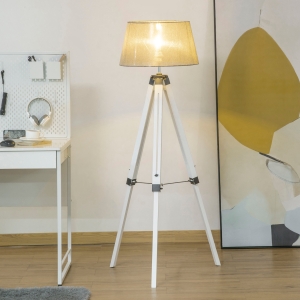 HOMCOM Tripod Floor Lamp, Adjustable Height Wooden Standing Lamp with E26 Lamp Base for Living Room, Bedroom, White and Grey