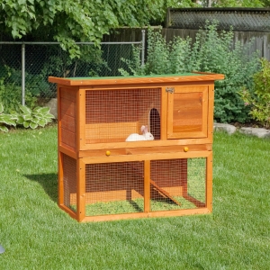 Pawhut 35" 2 Tiers Rabbit Hutch Wooden Pet Cage Backyard Run Vintage