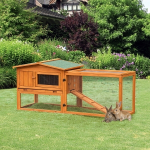 PawHut 2-Story Rabbit Hutch Bunny Cage Small Animal House with Pull Out Tray, Detachable Run, Ramp, for Indoor Outdoor 61.5" x 23" x 27"