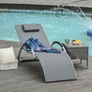 Outsunny Ergonomic Lounger Chair Portable Armchair with Removable Headrest Pillow for Garden Patio Outside All Aluminum Frame Dark Grey