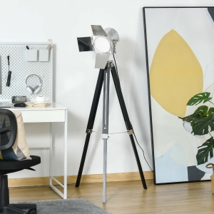 HOMCOM Vintage Tripod Floor Lamp, Nautical Cinema Standing Searchlight with Wood Legs and Adjustable Height for Living Room, Bedroom, Black and Silver