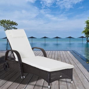 Outsunny Adjustable Wicker Sun Lounger Outdoor Recliner Chair Garden Furniture with Cushion Coffee