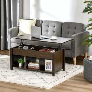 HOMCOM Lift Top Coffee Table with Hidden Storage Compartment and 3 Lower Shelves, Pop-Up Center Table for Living Room, Espresso