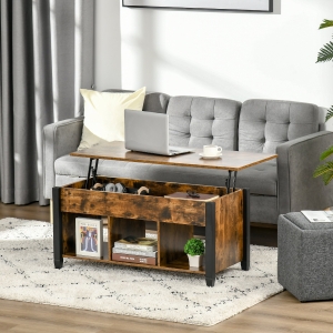 HOMCOM Lift Top Coffee Table with Hidden Storage Compartment and 3 Lower Shelves, Pop-Up Center Table for Living Room, Rustic Brown