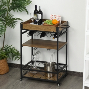 HOMCOM Retro Industrial Bar Serving Cart Rolling Kitchen Island Storage Utility Trolley with 5-bottle Wine Rack & Serving Tray