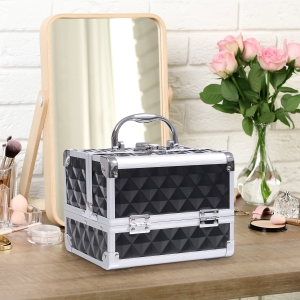 HOMCOM 3 Tier Makeup Train Case Cosmetic Jewelry Box Diamond Texture Aluminum