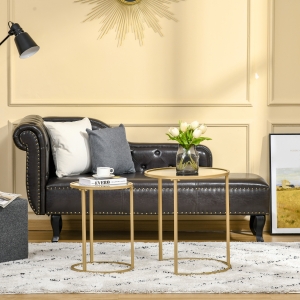 HOMCOM Set of 2 Nesting Tables with Metal Base, Round Side Coffee Table with Tempered Glass Tabletop Gold