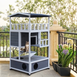 PawHut 4-Floor Solid Wood Cat House with Condo, Fun Entrances, Perch for Outdoor Indoor, Grey