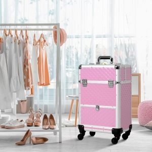 HOMCOM Portable Aluminum Makeup Train Cases Rolling Cosmetic Organizer Box Salon Beauty Cosmetic Jewelry Organizer Trolley with 4 Wheels, Pink