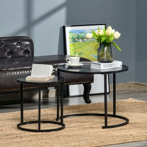 HOMCOM Round Nesting Coffee Table Set of 2, Stacking Modern Accent Tables with Faux Marble Tabletop and Metal Frame for Living Room, Black
