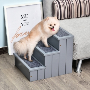 PawHut 3 Step Wooden Carpeted Non Slip Pet Stairs Ramp for Cats and Small Dogs - Grey