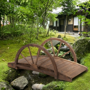 Outsunny 3.3ft Wooden Garden Bridge Arc Stained Finish Walkway with Half Wheeled Railings, Stained Wood