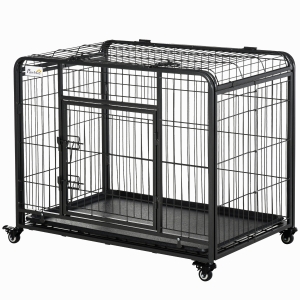 PawHut Folding Design Metal Dog Crate & Heavy Duty Kennel with Removable Tray 4 Locking Wheels 37" x 22.75" x 27.25"