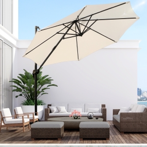 Outsunny Φ9.6' Round Patio Hanging Offset Umbrella Outdoor Cantilever Crank Market Parasol Garden Sun Canopy Shelter 360° Rotation, Cream White