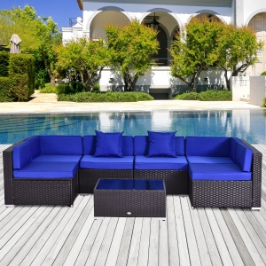 Outsunny 7pc Garden Wicker Sectional Set w/ Tea Table Patio Rattan Lounge Sofa with Cushion Outdoor Deck Furniture All Weather Blue