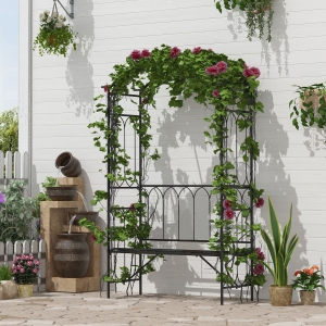Outsunny 80" Fairy Garden Arbor Arch with Bench Metal Outdoor Plant Climbing Support Trellis with 2 Seater Bench for Rose Vines, Black