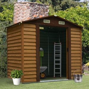 Outsunny 6.5' x 7.5' Outdoor Metal Garden Shed House Hut Gardening Tool Storage with Ventilation, Brown With Wood Grain