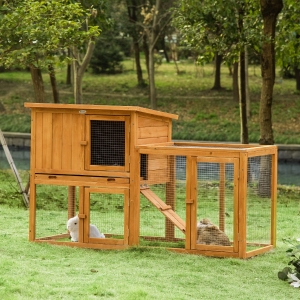 PawHut 55.5" Wooden Rabbit Hutch 2 Tier Bunny House Pet Playpen Enclosure for Indoor Outdoor with Openable Roof, Slide-out Tray, Ramp, for Rabbits and Small Animals, Orange