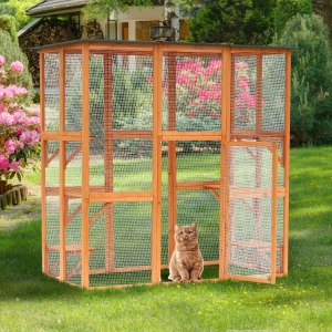 PawHut Large Outdoor Catio Enclosure, Wooden Cat Patio with 6 Balanced Platforms and Asphalt Roof, 71" x 38.5" x 71", Orange