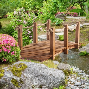 Outsunny 5FT Wooden Garden Bridge Outdoor Decorative Arc Footbridge with Hemp Rope Railings & Solid Fir Construction, Orange