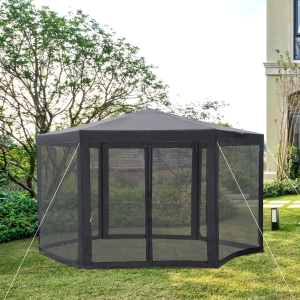 Outsunny Φ13' Hexagon Patio Gazebo Tent Garden Party Outdoor Activity Event Canopy Quick Sun Shelter Pavilion with Netting Mesh Sidewall Dark Grey