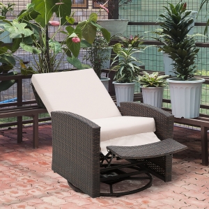 Outsunny Deluxe Swivel Rattan Wicker Sofa Chair Reclining Lounge Outdoor Patio Furniture with Cushion, Brown/Kaki